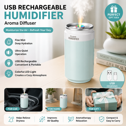Green USB Rechargeable Humidifier Aroma Diffuser Mini Can Mist Maker Portable Car Home Desktop Air Moisturizer with LED Light