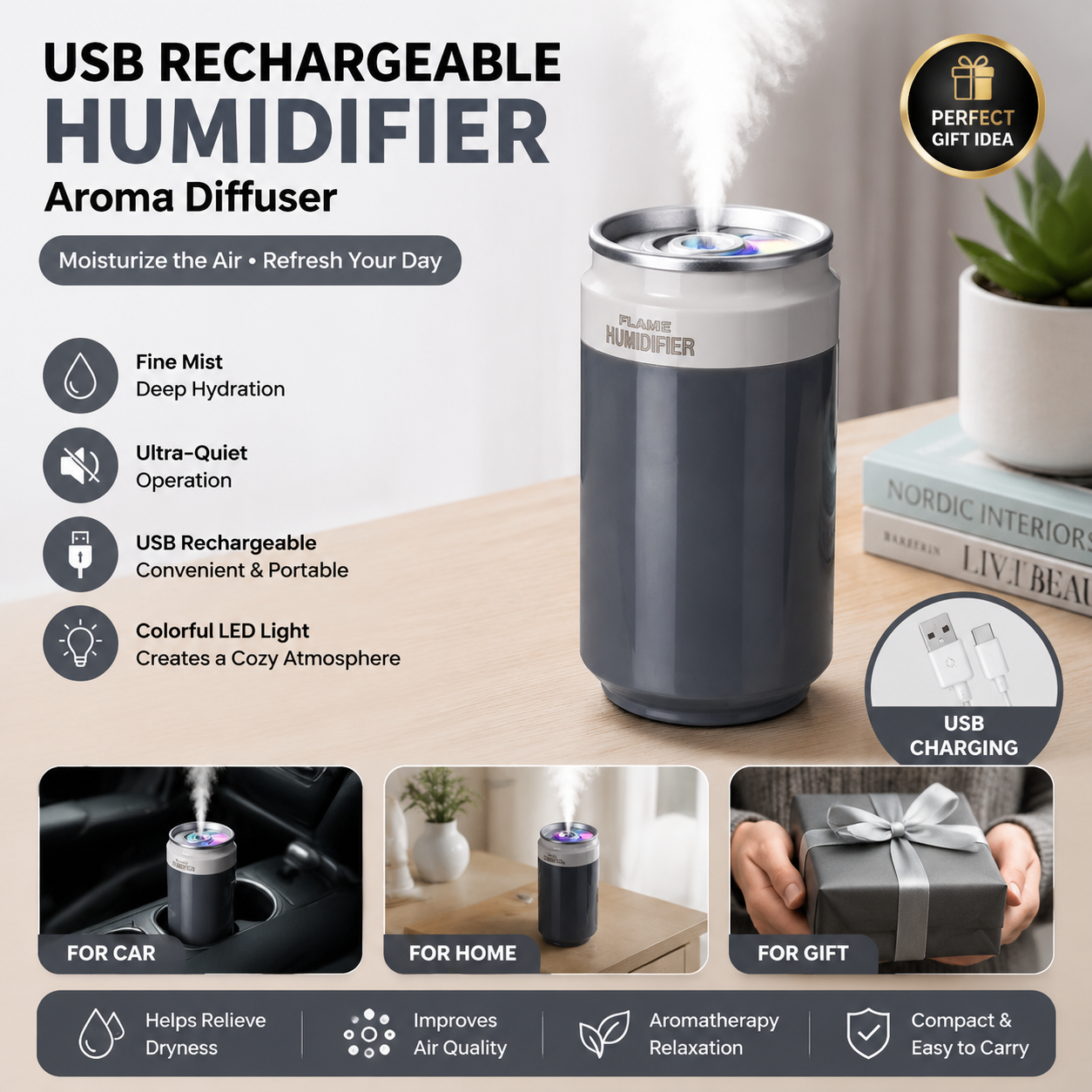 Dark Gray USB Rechargeable Humidifier Aroma Diffuser Mini Can Mist Maker Portable Car Home Desktop Air Moisturizer with LED Light