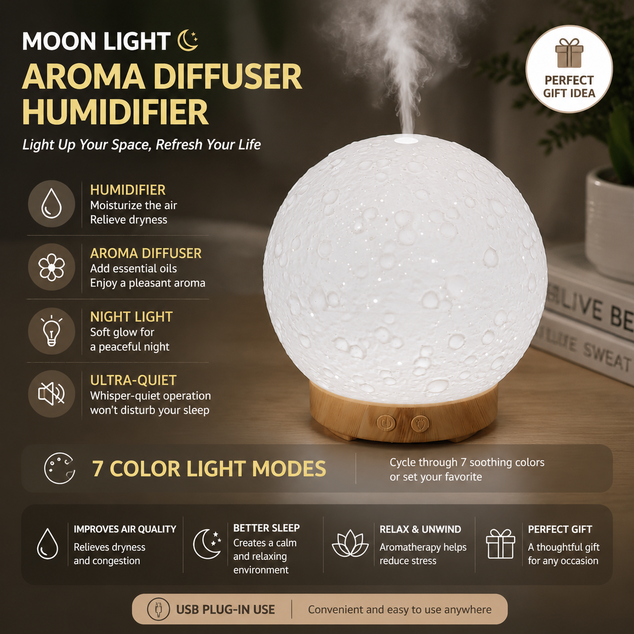Moon Light Humidifier Aroma Diffuser (Light wood grain base) with LED Night Light, USB Desktop Essential Oil Diffuser Cool Mist Maker for Bedroom Office Home Relaxation