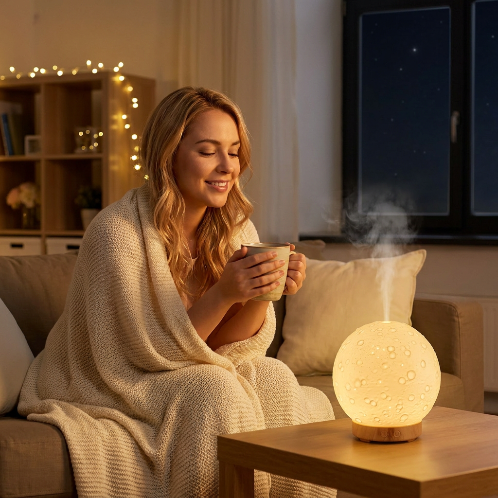 Moon Light Humidifier Aroma Diffuser (Light wood grain base) with LED Night Light, USB Desktop Essential Oil Diffuser Cool Mist Maker for Bedroom Office Home Relaxation