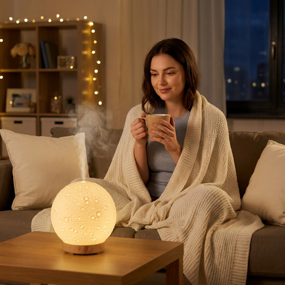 Moon Light Humidifier Aroma Diffuser (Light wood grain base) with LED Night Light, USB Desktop Essential Oil Diffuser Cool Mist Maker for Bedroom Office Home Relaxation