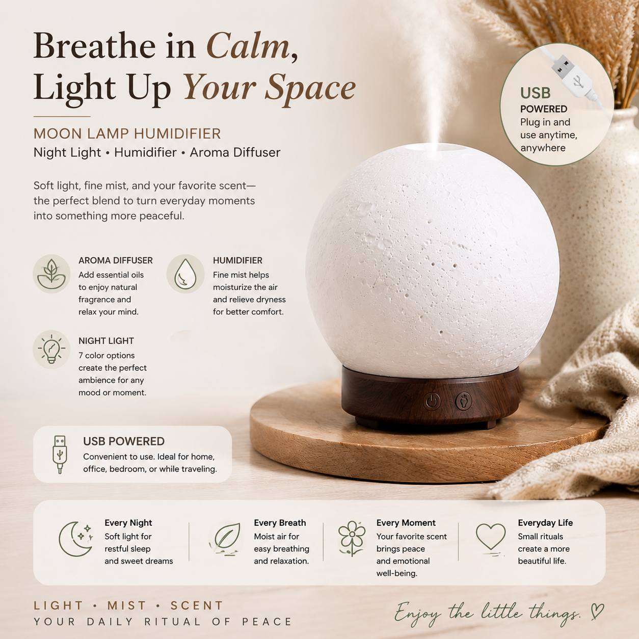 Moon Light Humidifier Aroma Diffuser (Dark wood grain base) with LED Night Light, USB Desktop Essential Oil Diffuser Cool Mist Maker for Bedroom Office Home Relaxation