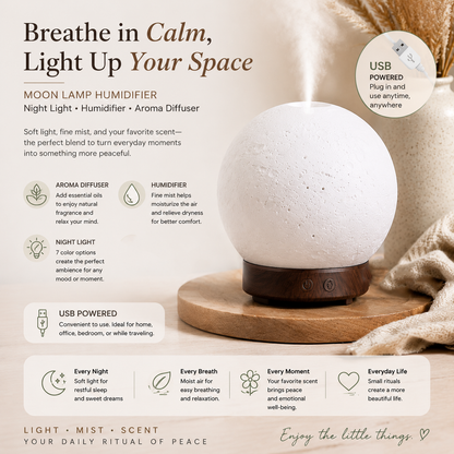 Moon Light Humidifier Aroma Diffuser (Dark wood grain base) with LED Night Light, USB Desktop Essential Oil Diffuser Cool Mist Maker for Bedroom Office Home Relaxation