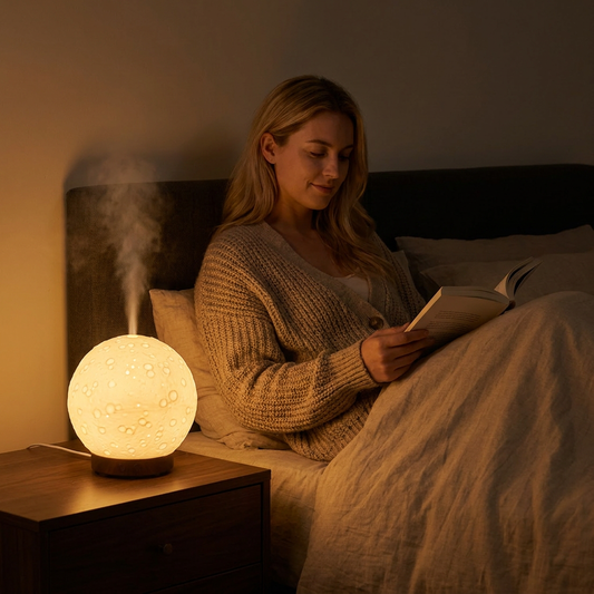 Moon Light Humidifier Aroma Diffuser (Dark wood grain base) with LED Night Light, USB Desktop Essential Oil Diffuser Cool Mist Maker for Bedroom Office Home Relaxation
