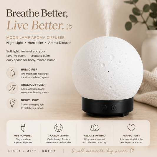 Moon Light Humidifier Aroma Diffuser (Black base) with LED Night Light, USB Desktop Essential Oil Diffuser Cool Mist Maker for Bedroom Office Home Relaxation