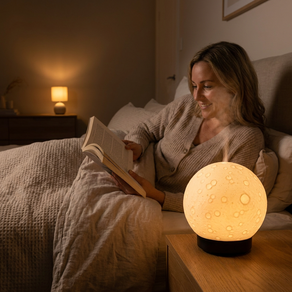 Moon Light Humidifier Aroma Diffuser (Black base) with LED Night Light, USB Desktop Essential Oil Diffuser Cool Mist Maker for Bedroom Office Home Relaxation