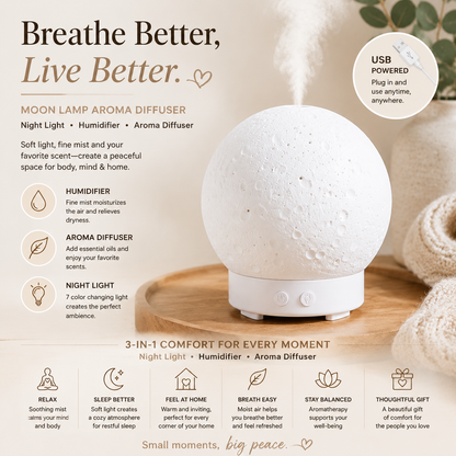 Moon Light Humidifier Aroma Diffuser (White base version) with LED Night Light, USB Desktop Essential Oil Diffuser Cool Mist Maker for Bedroom Office Home Relaxation