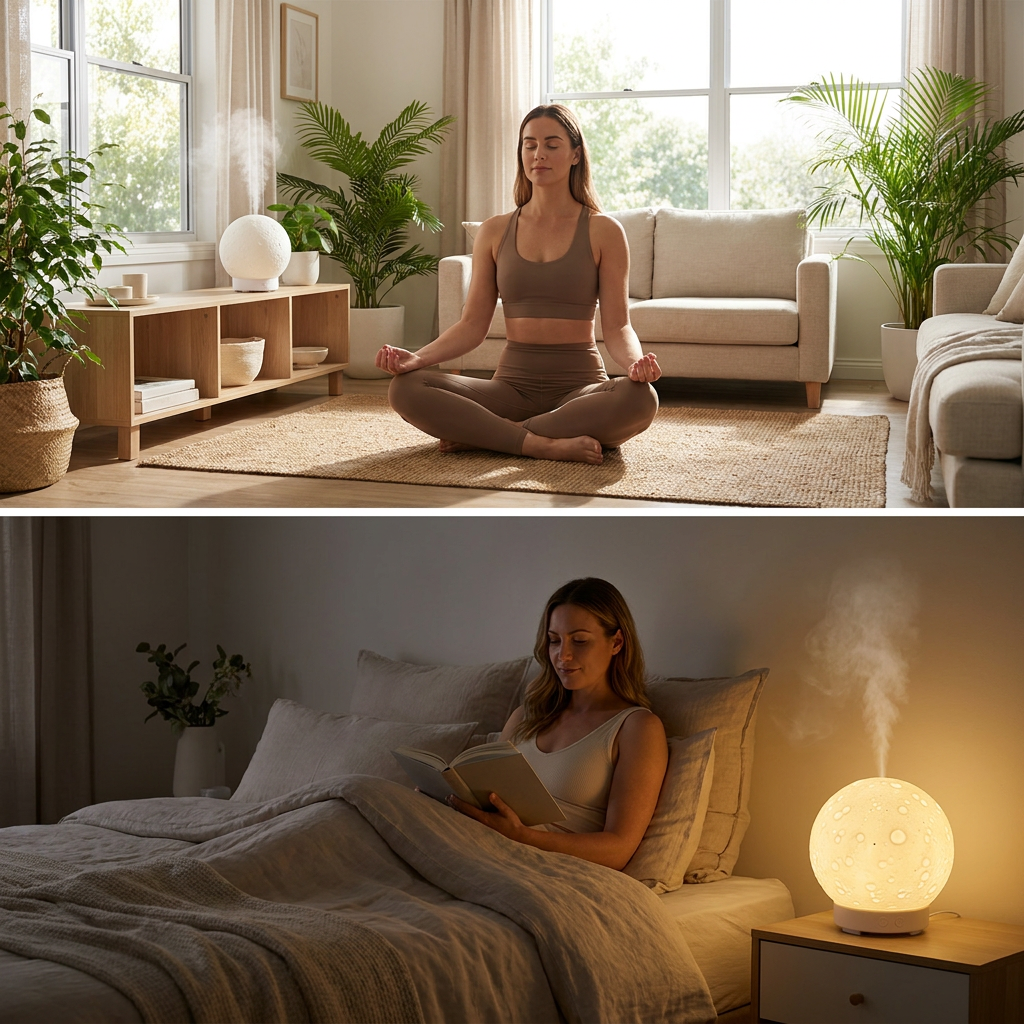 Moon Light Humidifier Aroma Diffuser (White base version) with LED Night Light, USB Desktop Essential Oil Diffuser Cool Mist Maker for Bedroom Office Home Relaxation