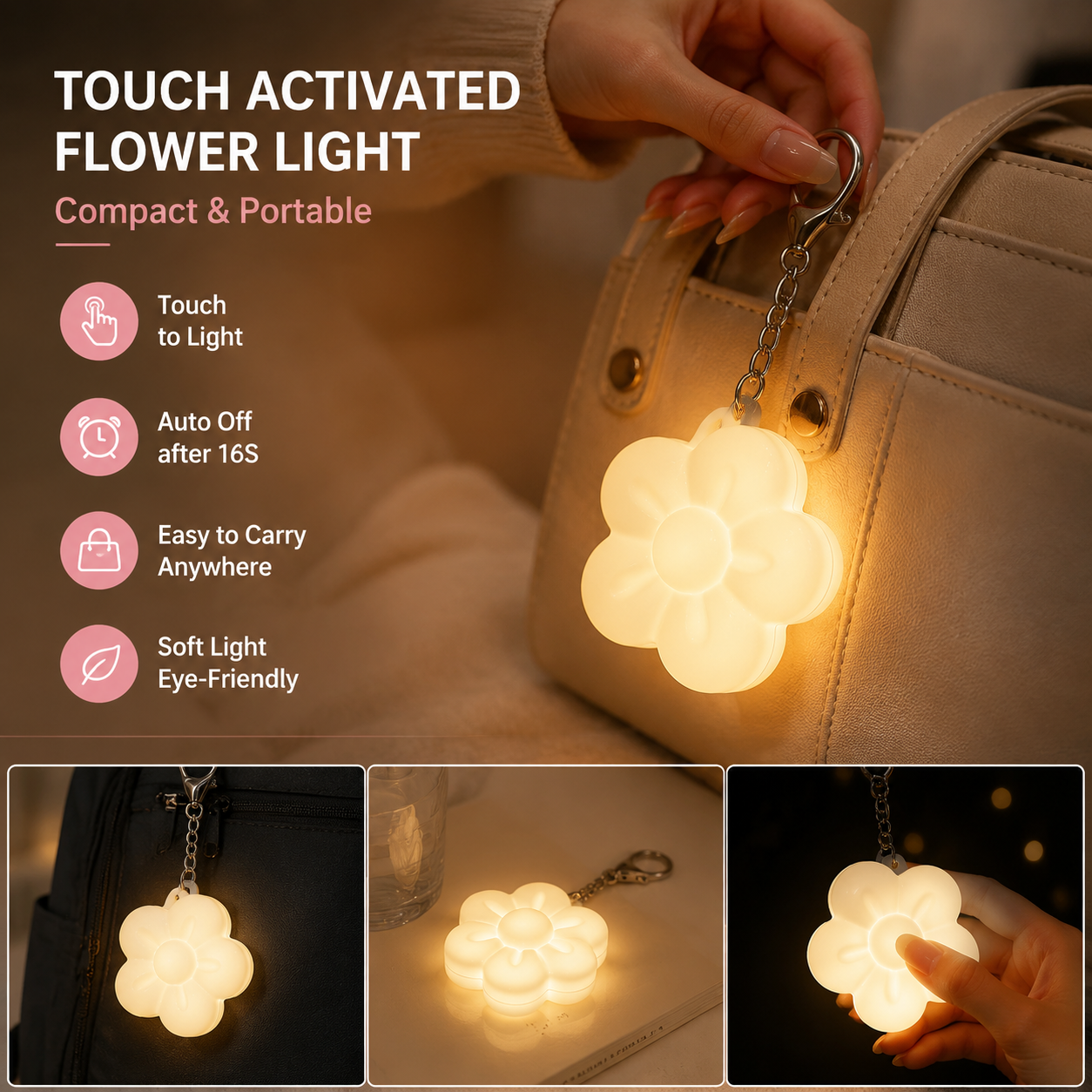 White Touch Activated Flower Keychain Light, Cute Portable LED Night Light Keyring, Mini Rechargeable Bag Charm Lamp, Creative Gift for Girls, Bedroom Decoration Light
