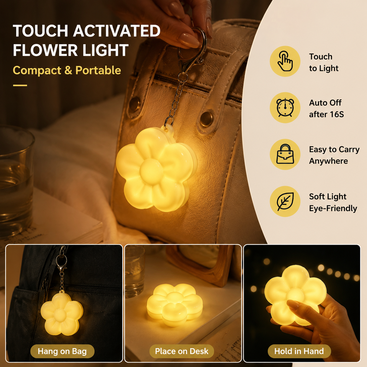 Yellow Touch Activated Flower Keychain Light, Cute Portable LED Night Light Keyring, Mini Rechargeable Bag Charm Lamp, Creative Gift for Girls, Bedroom Decoration Light