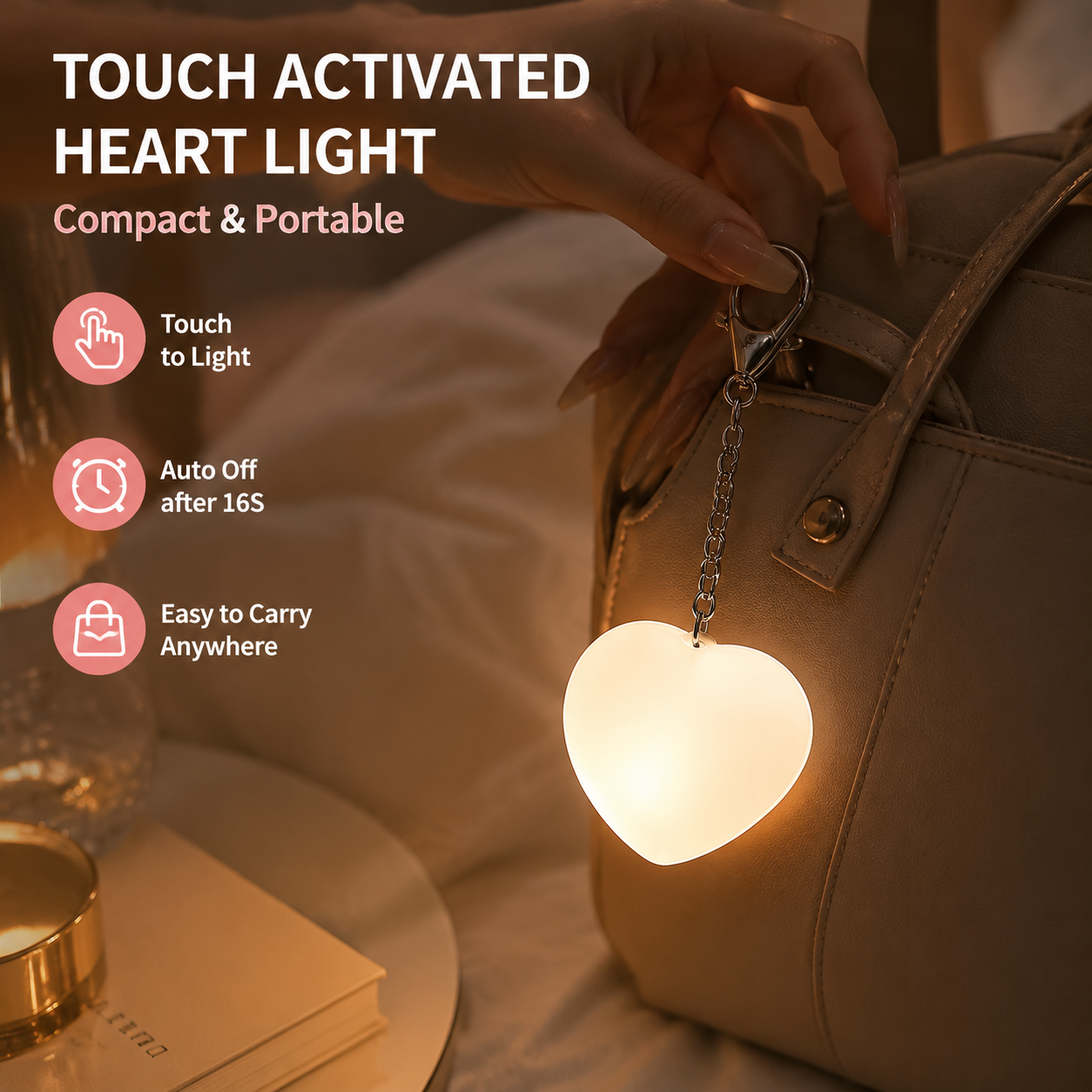 White Touch Activated Heart Keychain Light - Cute Portable LED Night Light Rechargeable Bag Charm Lamp Romantic Gift for Girls Bedroom Decoration Travel Use
