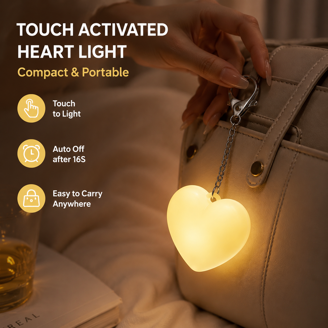 Yellow Touch Activated Heart Keychain Light - Cute Portable LED Night Light Rechargeable Bag Charm Lamp Romantic Gift for Girls Bedroom Decoration Travel Use