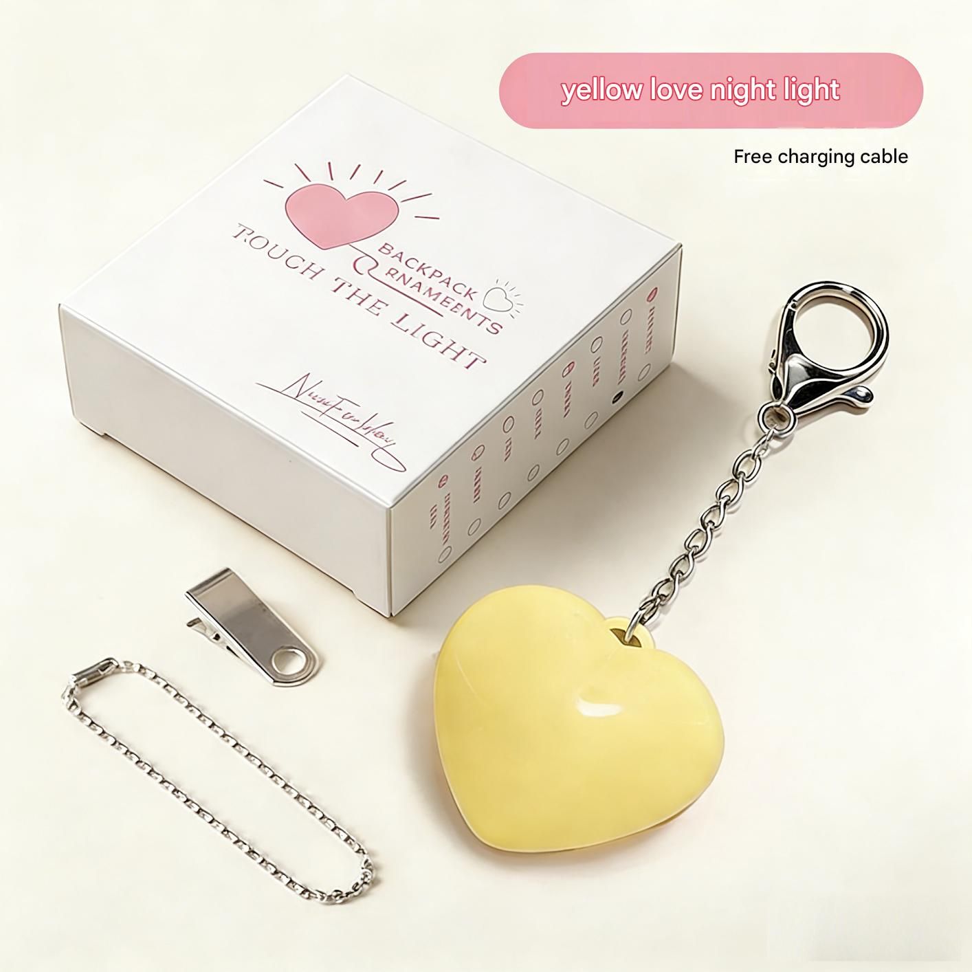 Yellow Touch Activated Heart Keychain Light - Cute Portable LED Night Light Rechargeable Bag Charm Lamp Romantic Gift for Girls Bedroom Decoration Travel Use