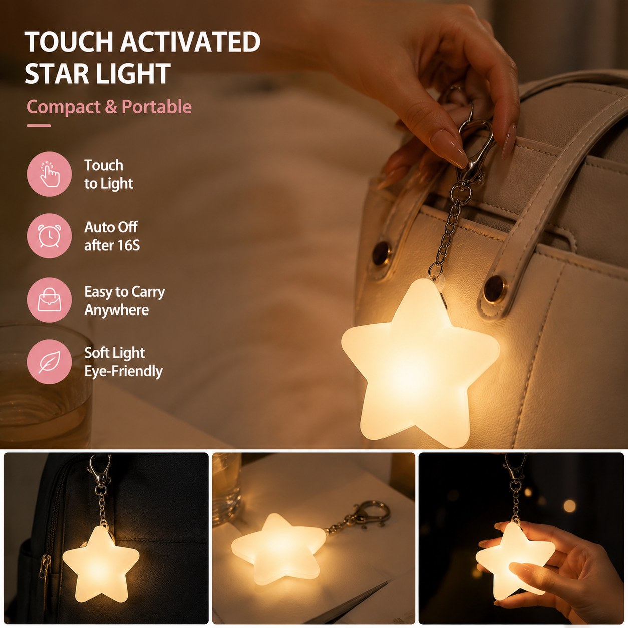White Touch Activated Star Keychain Light - Cute Portable LED Night Light Rechargeable Bag Charm Lamp Star Shape Decorative Gift for Girls Bedroom Travel Use