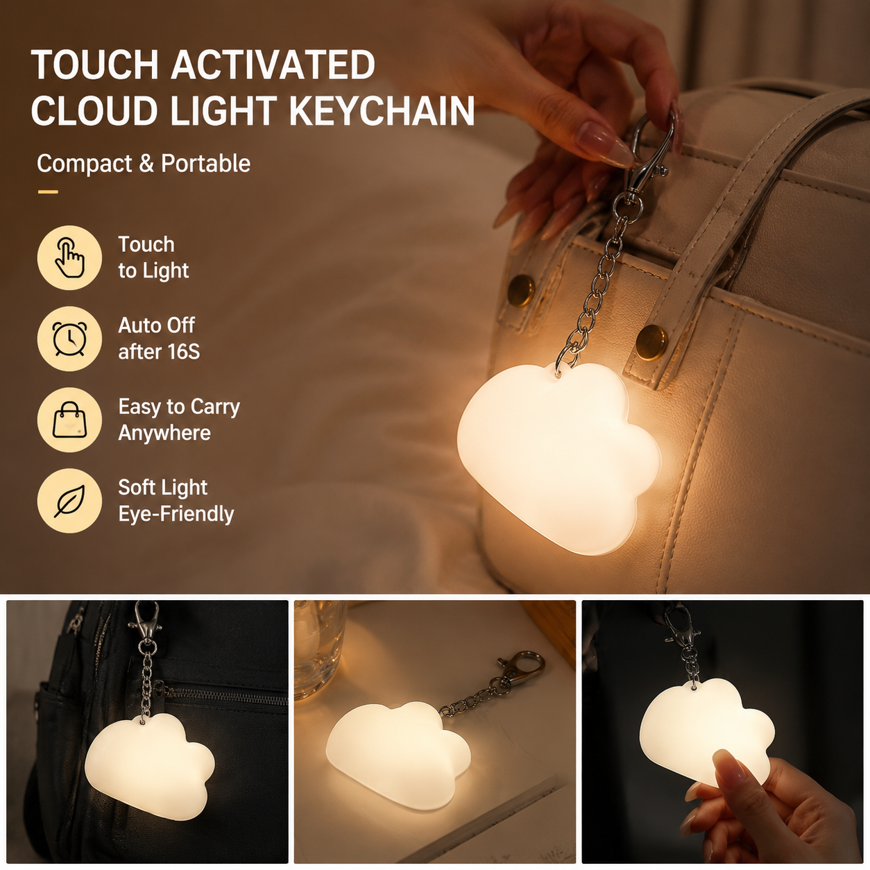 Touch Activated Cloud Keychain Light - Cute Portable LED Night Light Rechargeable Bag Charm Lamp Cloud Shape Decorative Gift for Girls Bedroom Travel Use