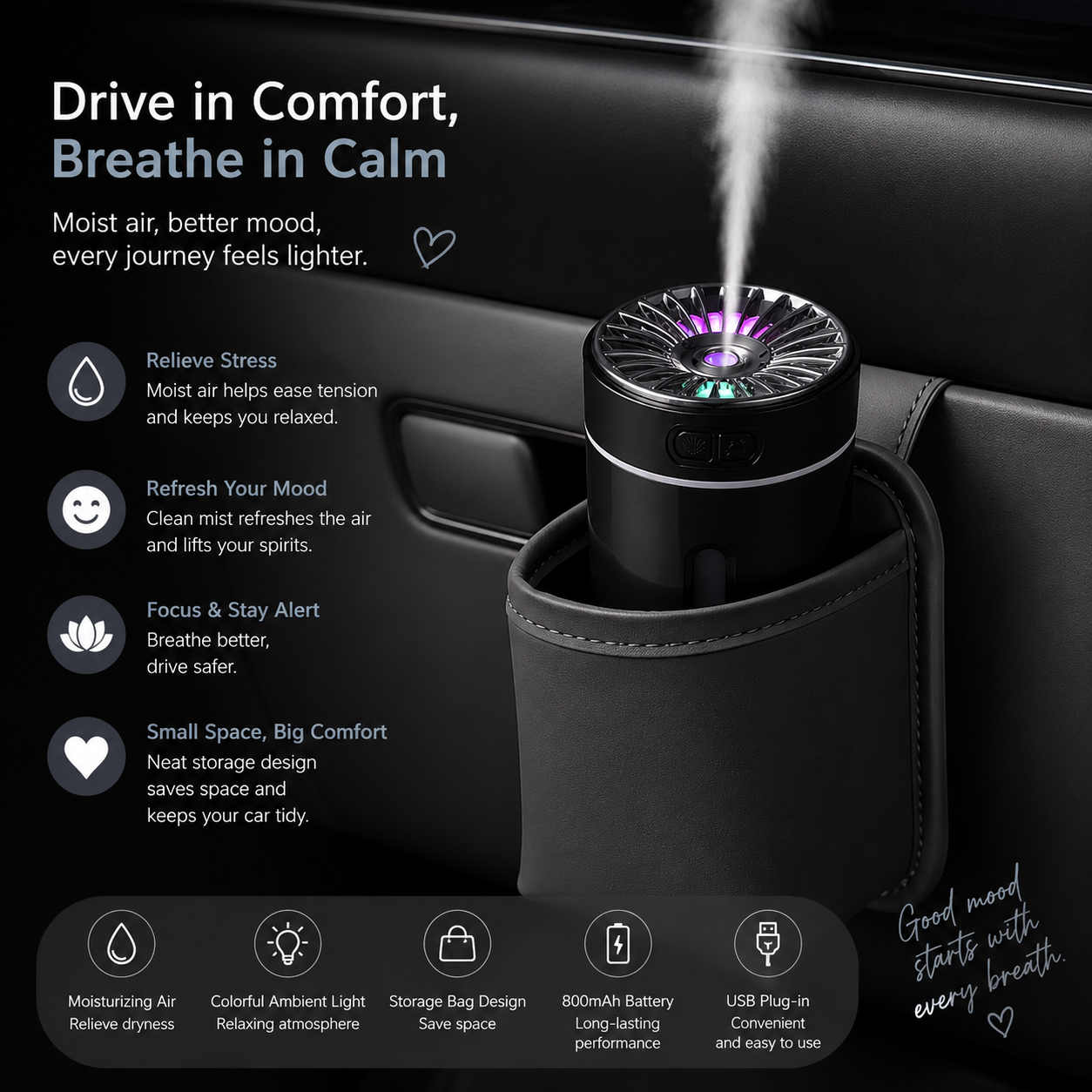 Black Car Aroma Diffuser Humidifier with Storage Box, USB Powered Car Air Freshener Mist Maker, Portable Vehicle Humidifier with Organizer Holder, Essential Oil Diffuser for Auto Interior Decoration