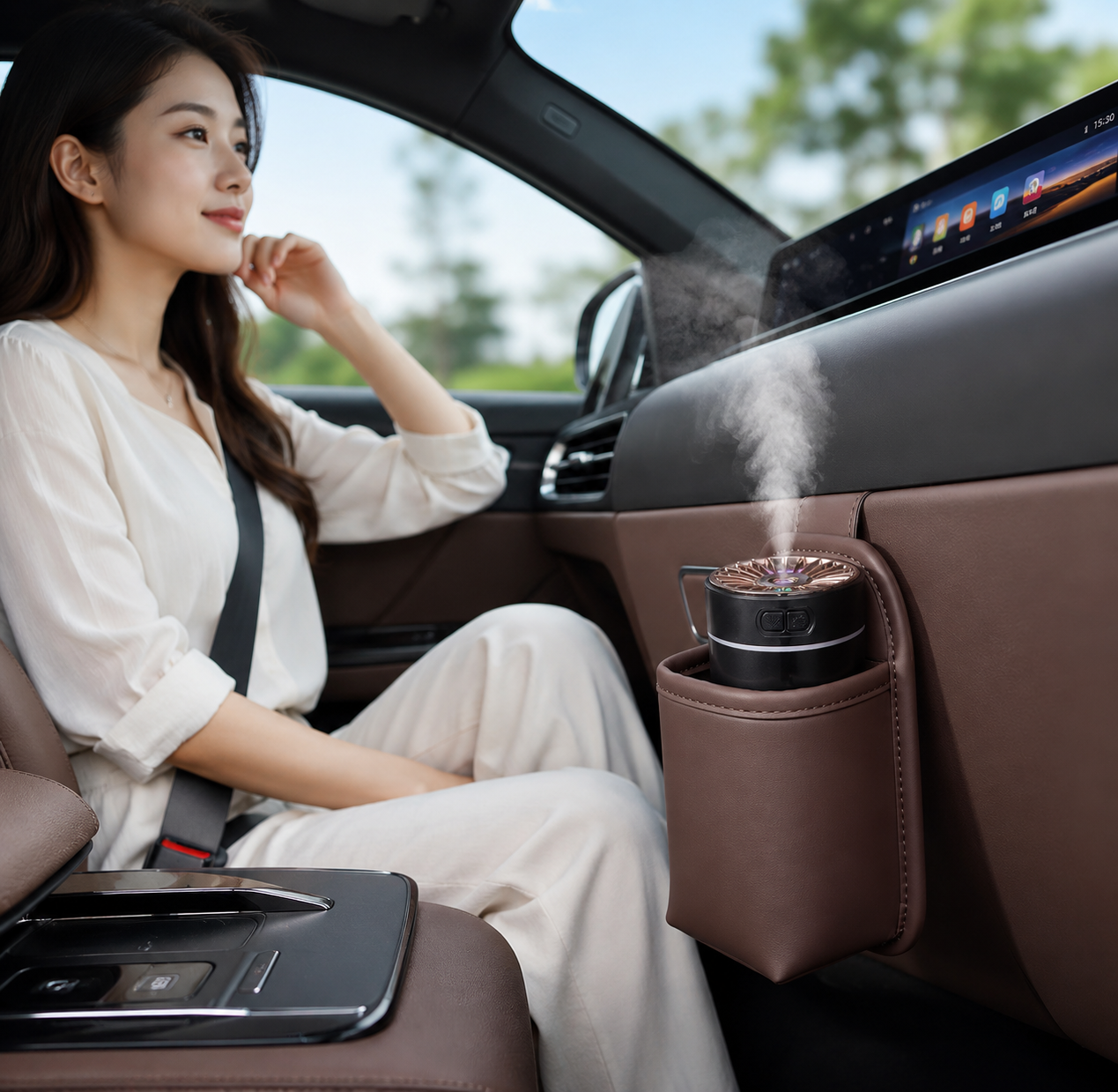 Black Car Aroma Diffuser Humidifier with Brown Storage Box, USB Powered Car Air Freshener Mist Maker, Portable Vehicle Humidifier with Organizer Holder, Essential Oil Diffuser for Auto Interior Decoration