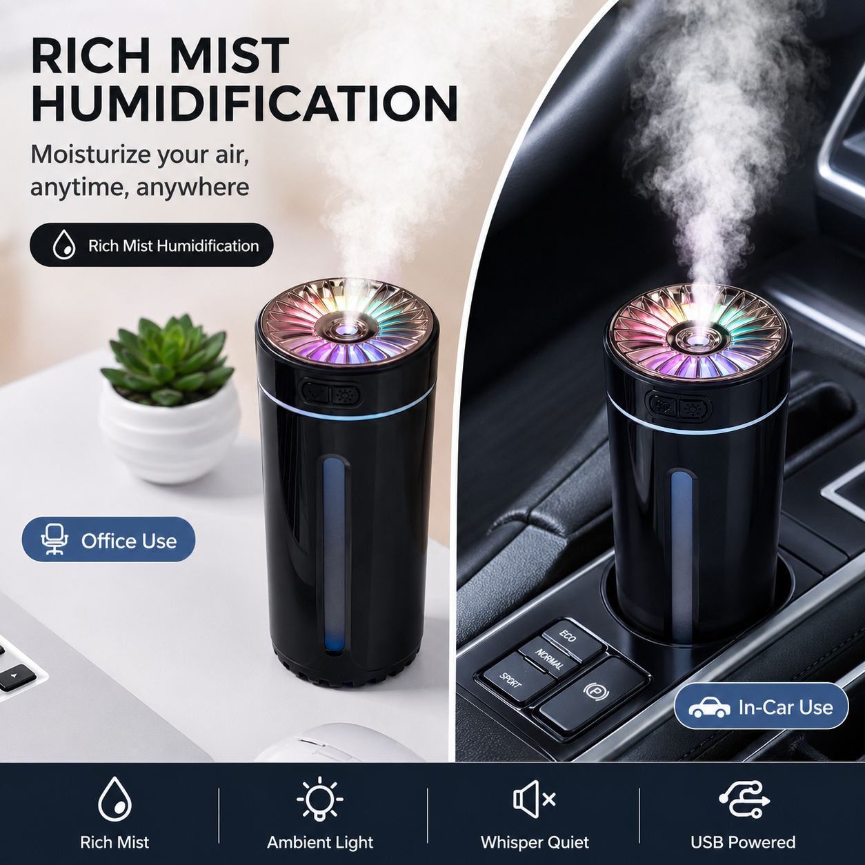 Black Car Aroma Diffuser Humidifier with Brown Storage Box, USB Powered Car Air Freshener Mist Maker, Portable Vehicle Humidifier with Organizer Holder, Essential Oil Diffuser for Auto Interior Decoration
