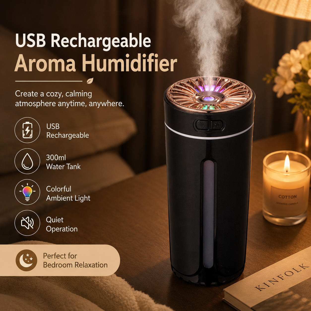 Black USB Rechargeable Car Aroma Diffuser Humidifier with Ambient Light, 300ml Portable Mist Air Freshener for Vehicle Office Home