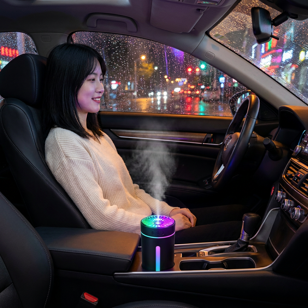 Black USB Rechargeable Car Aroma Diffuser Humidifier with Ambient Light, 300ml Portable Mist Air Freshener for Vehicle Office Home