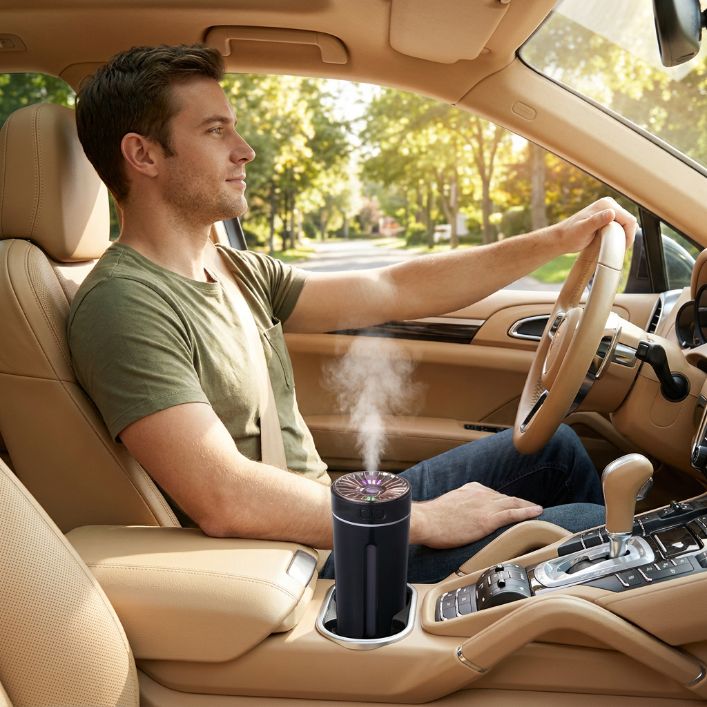 Black USB Rechargeable Car Aroma Diffuser Humidifier with Ambient Light, 300ml Portable Mist Air Freshener for Vehicle Office Home