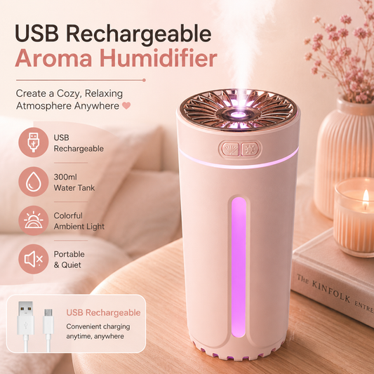 Pink USB Rechargeable Car Aroma Diffuser Humidifier with Ambient Light, 300ml Portable Mist Air Freshener for Vehicle Office Home