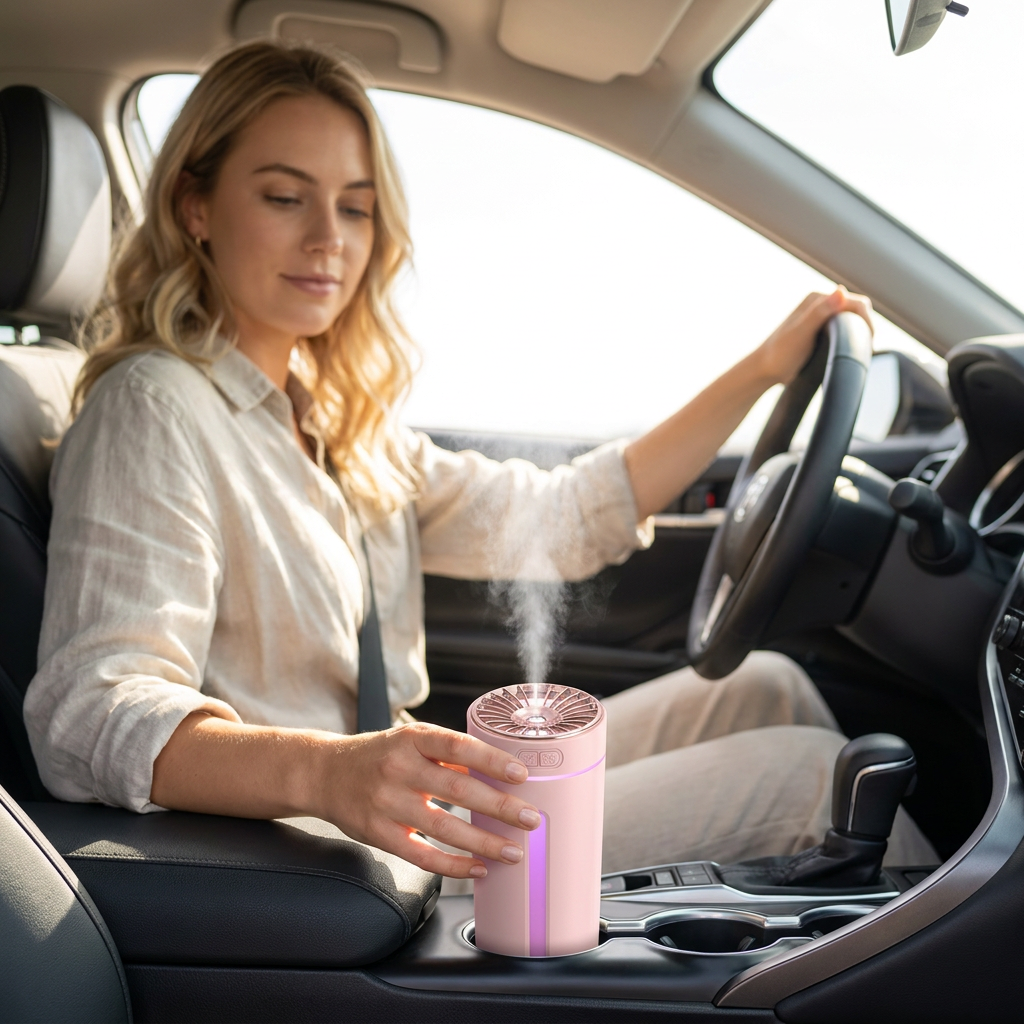 Pink USB Rechargeable Car Aroma Diffuser Humidifier with Ambient Light, 300ml Portable Mist Air Freshener for Vehicle Office Home