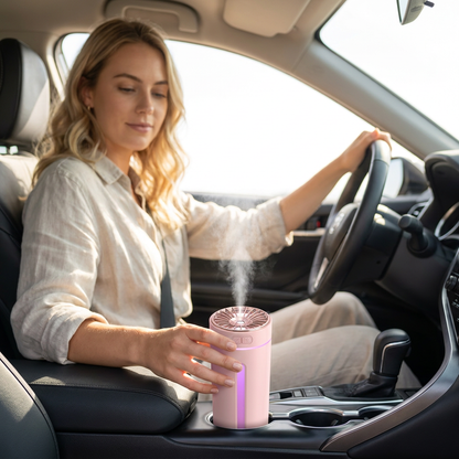 Pink USB Rechargeable Car Aroma Diffuser Humidifier with Ambient Light, 300ml Portable Mist Air Freshener for Vehicle Office Home