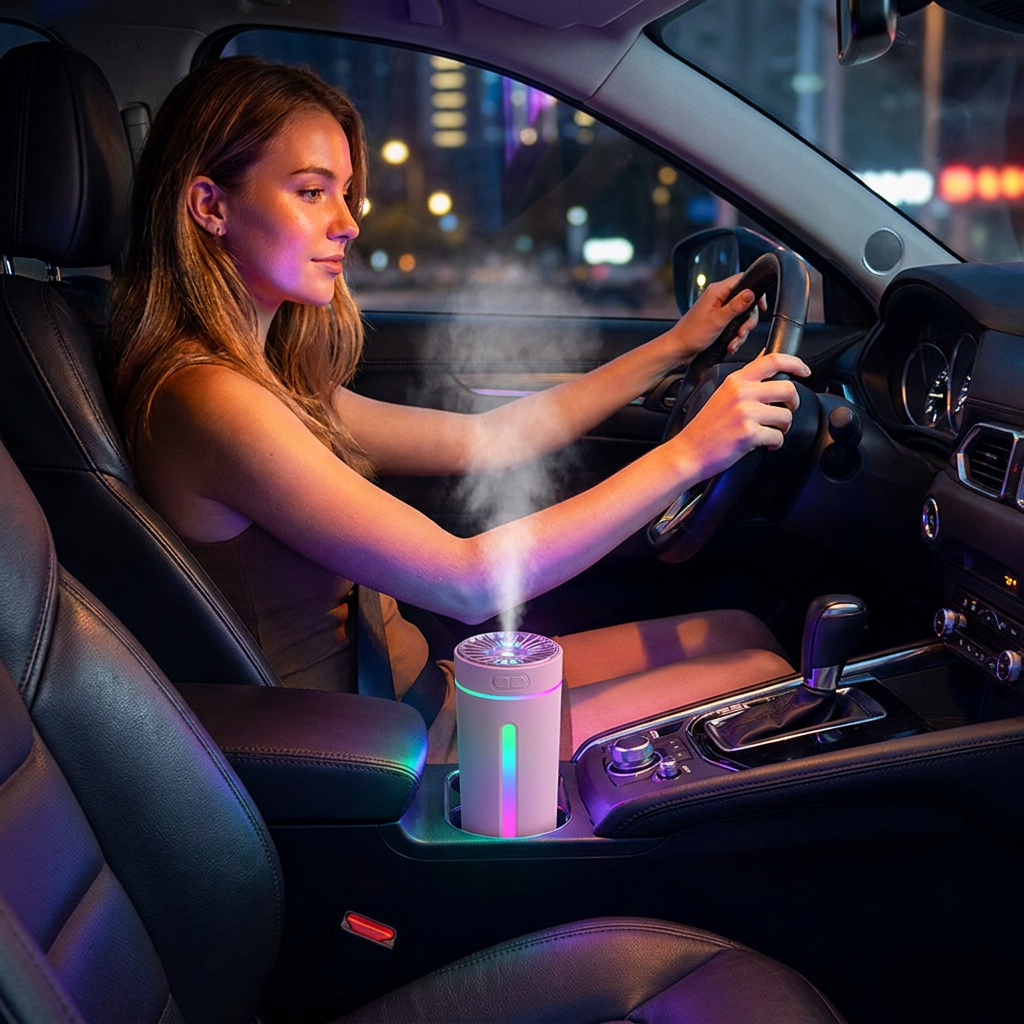 Pink USB Rechargeable Car Aroma Diffuser Humidifier with Ambient Light, 300ml Portable Mist Air Freshener for Vehicle Office Home