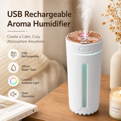 White USB Rechargeable Car Aroma Diffuser Humidifier with Ambient Light, 300ml Portable Mist Air Freshener for Vehicle Office Home