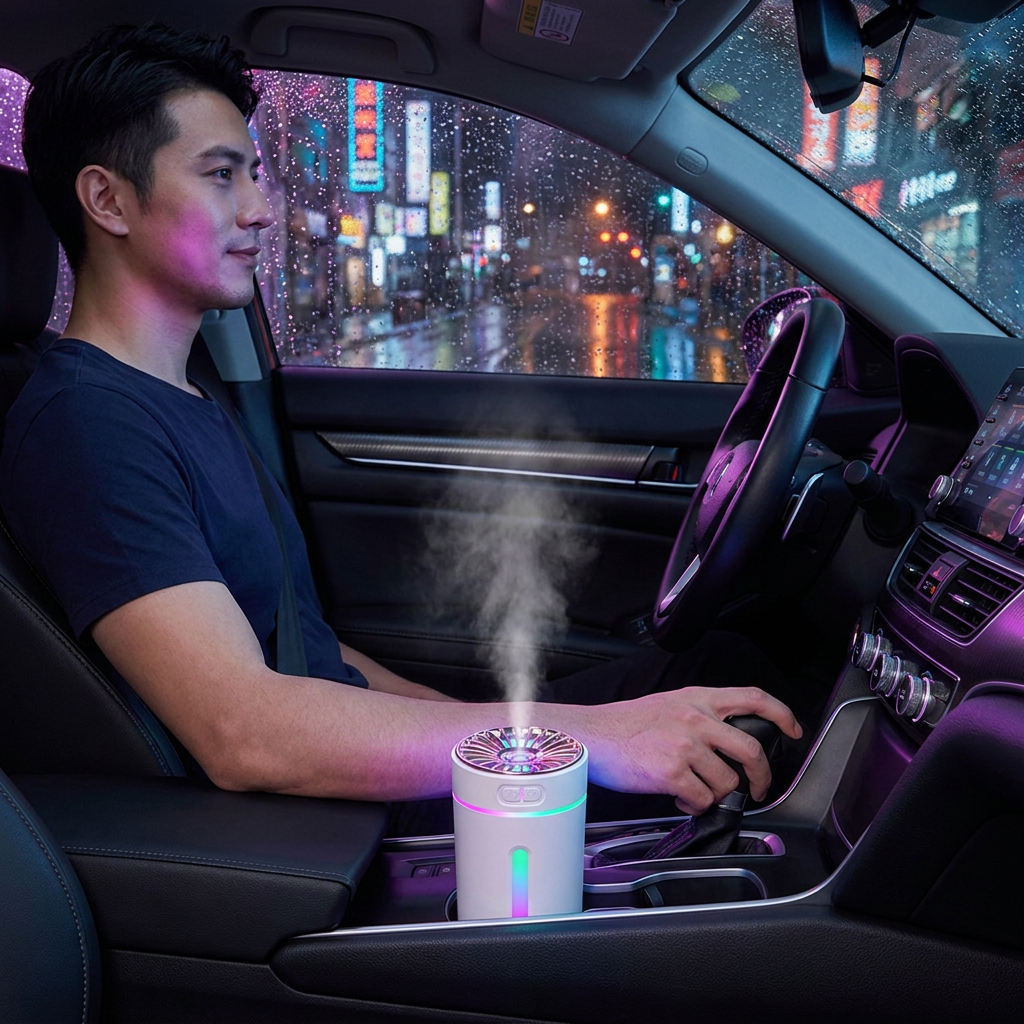White USB Rechargeable Car Aroma Diffuser Humidifier with Ambient Light, 300ml Portable Mist Air Freshener for Vehicle Office Home