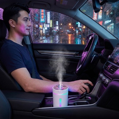 White USB Rechargeable Car Aroma Diffuser Humidifier with Ambient Light, 300ml Portable Mist Air Freshener for Vehicle Office Home
