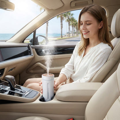White USB Rechargeable Car Aroma Diffuser Humidifier with Ambient Light, 300ml Portable Mist Air Freshener for Vehicle Office Home