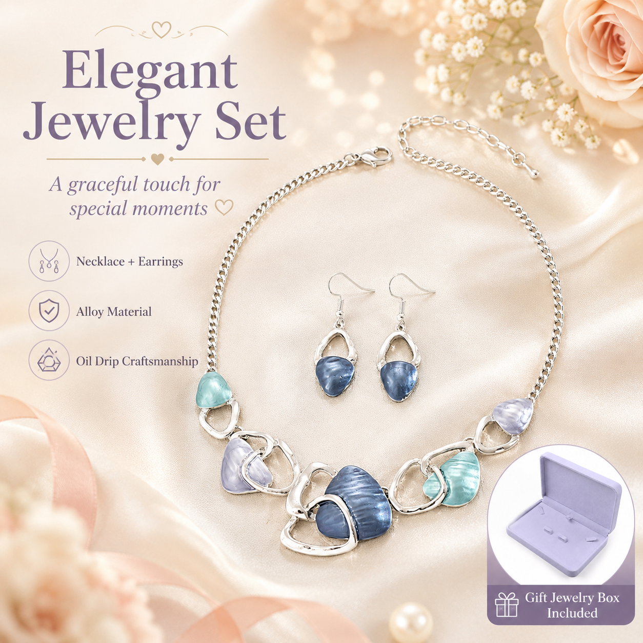 Blue Elegant Oil Drip Necklace and Earrings Set for Women, Irregular Design Alloy Jewelry Set, Fashion Statement Pendant Necklace with Drop Earrings, Blue Green Enamel Jewelry Gift Set with Jewelry Box Included