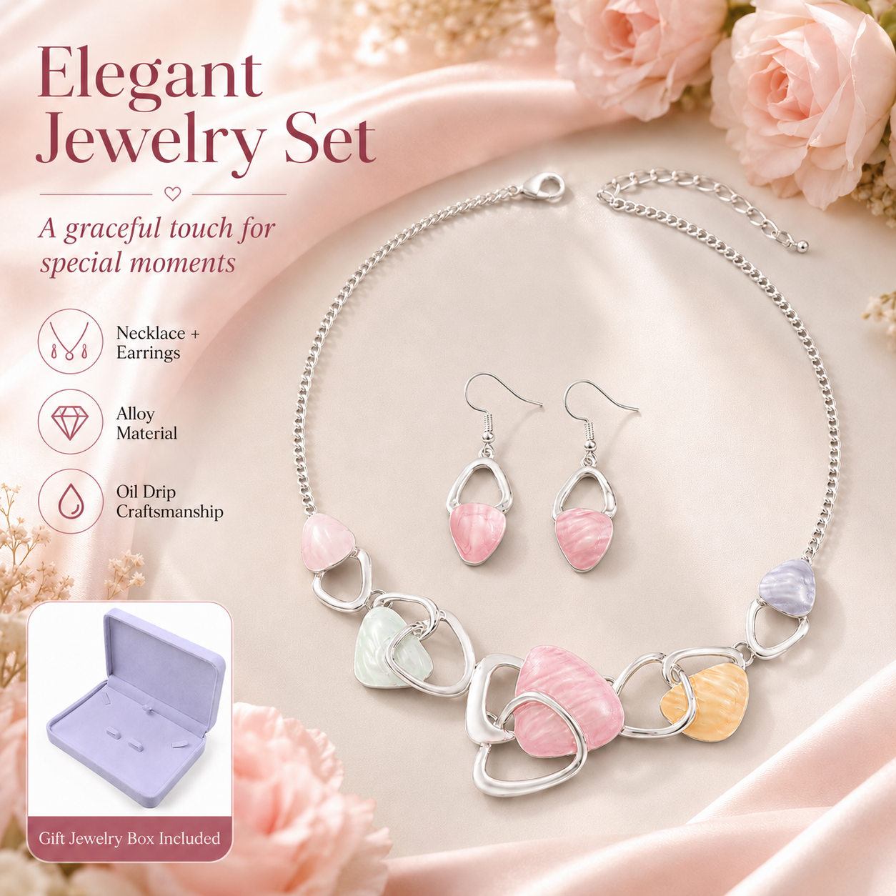 Pink Elegant Oil Drip Necklace and Earrings Set for Women, Irregular Design Alloy Jewelry Set, Fashion Statement Pendant Necklace with Drop Earrings, Blue Green Enamel Jewelry Gift Set with Jewelry Box Included