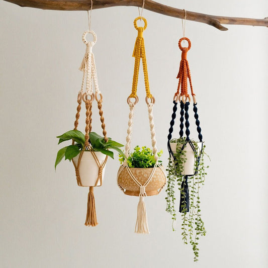 Handmade Plant Hanger Set 3 PCS, Boho Macrame Hanging Planter Basket with Cotton Rope Woven Design, Indoor Outdoor Plant Holder for Balcony Garden Home Decor, Natural Greenery Display