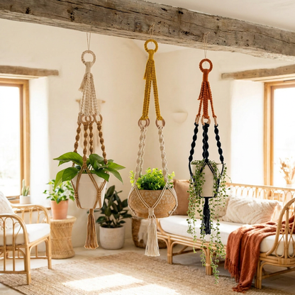 Handmade Plant Hanger Set 3 PCS, Boho Macrame Hanging Planter Basket with Cotton Rope Woven Design, Indoor Outdoor Plant Holder for Balcony Garden Home Decor, Natural Greenery Display