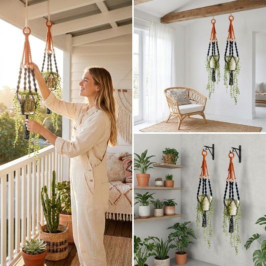 Handmade Plant Hanger Set 2 PCSï¼ˆType Cï¼‰, Macrame Hanging Planter Basket with Cotton Rope Woven Design, Boho Plant Holder for Indoor Outdoor Garden Balcony Home Decor, Creative Hanging Flower Pot Holder