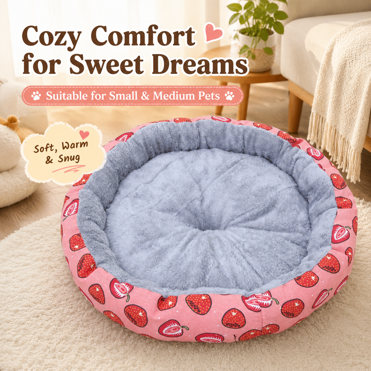 Round Pet Bed for Small Dogs and Cats, Soft Plush Calming Cat Bed with Strawberry Pattern, Cozy Washable Puppy Sleeping Mat, Non Slip Bottom Pet Cushion for Indoor Home Use(Diameter: 34cm)