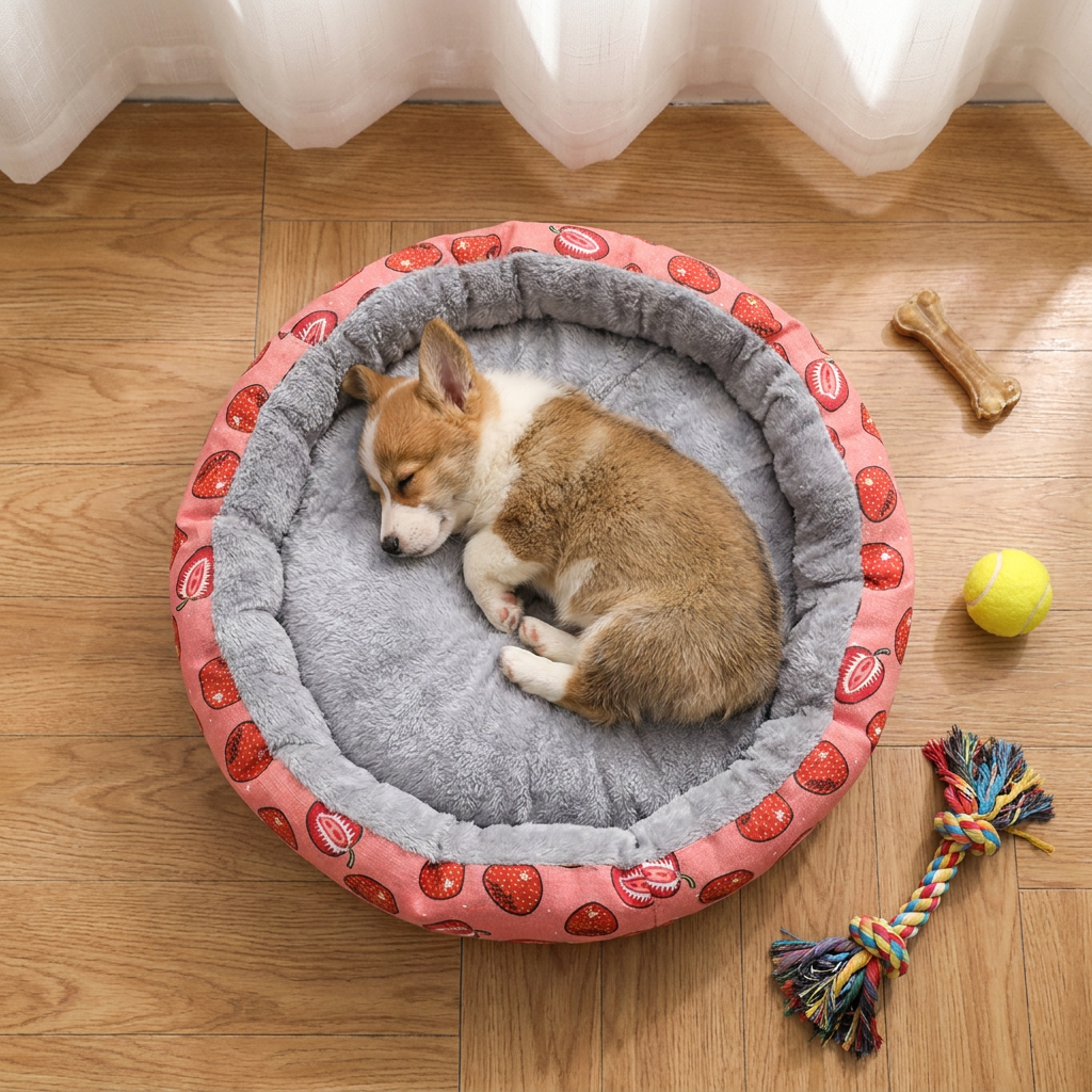 Round Pet Bed for Small Dogs and Cats, Soft Plush Calming Cat Bed with Strawberry Pattern, Cozy Washable Puppy Sleeping Mat, Non Slip Bottom Pet Cushion for Indoor Home Use(Diameter: 34cm)