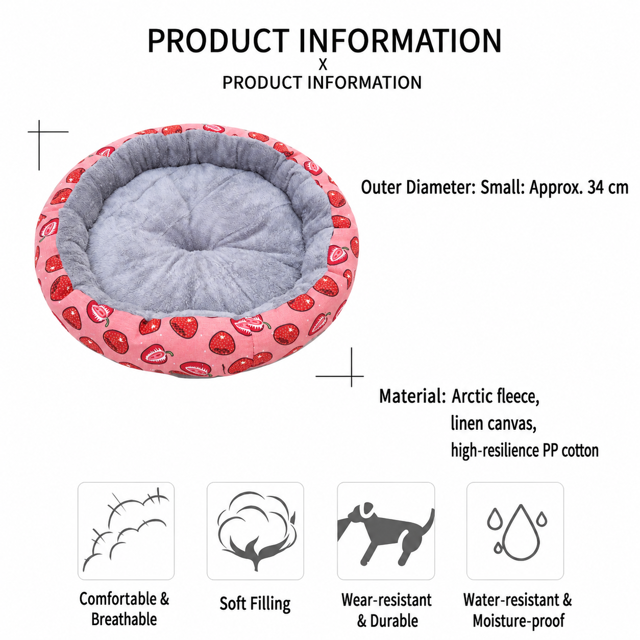 Round Pet Bed for Small Dogs and Cats, Soft Plush Calming Cat Bed with Strawberry Pattern, Cozy Washable Puppy Sleeping Mat, Non Slip Bottom Pet Cushion for Indoor Home Use(Diameter: 34cm)
