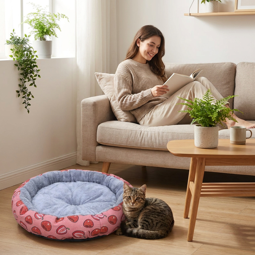 Round Pet Bed for Small Dogs and Cats, Soft Plush Calming Cat Bed with Strawberry Pattern, Cozy Washable Puppy Sleeping Mat, Non Slip Bottom Pet Cushion for Indoor Home Use(Diameter: 45cm)