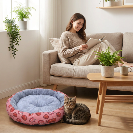 Round Pet Bed for Small Dogs and Cats, Soft Plush Calming Cat Bed with Strawberry Pattern, Cozy Washable Puppy Sleeping Mat, Non Slip Bottom Pet Cushion for Indoor Home Use(Diameter: 45cm)