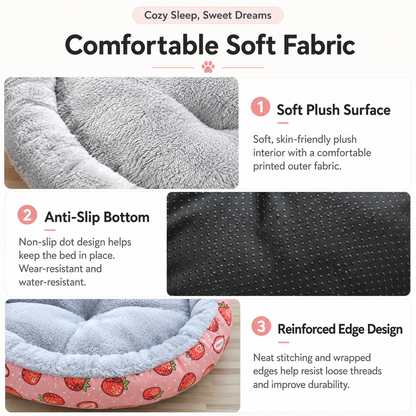 Round Pet Bed for Small Dogs and Cats, Soft Plush Calming Cat Bed with Strawberry Pattern, Cozy Washable Puppy Sleeping Mat, Non Slip Bottom Pet Cushion for Indoor Home Use(Diameter: 45cm)