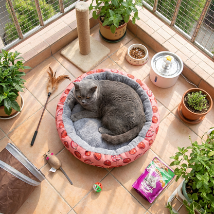 Round Pet Bed for Small Dogs and Cats, Soft Plush Calming Cat Bed with Strawberry Pattern, Cozy Washable Puppy Sleeping Mat, Non Slip Bottom Pet Cushion for Indoor Home Use(Diameter: 60cm)