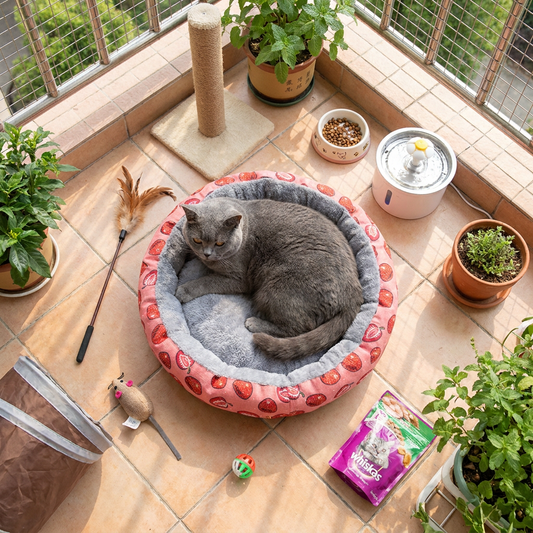 Round Pet Bed for Small Dogs and Cats, Soft Plush Calming Cat Bed with Strawberry Pattern, Cozy Washable Puppy Sleeping Mat, Non Slip Bottom Pet Cushion for Indoor Home Use(Diameter: 60cm)