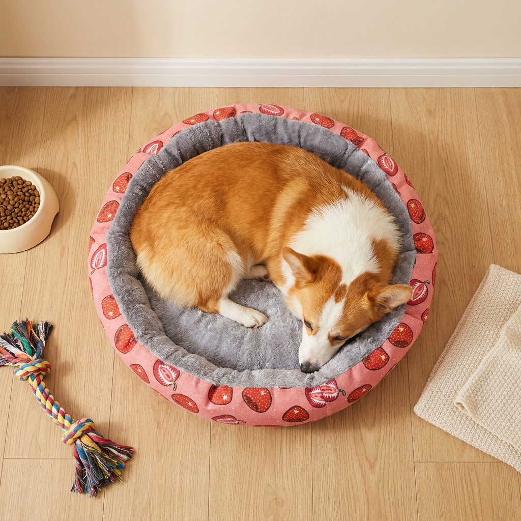 Round Pet Bed for Small Dogs and Cats, Soft Plush Calming Cat Bed with Strawberry Pattern, Cozy Washable Puppy Sleeping Mat, Non Slip Bottom Pet Cushion for Indoor Home Use(Diameter: 60cm)