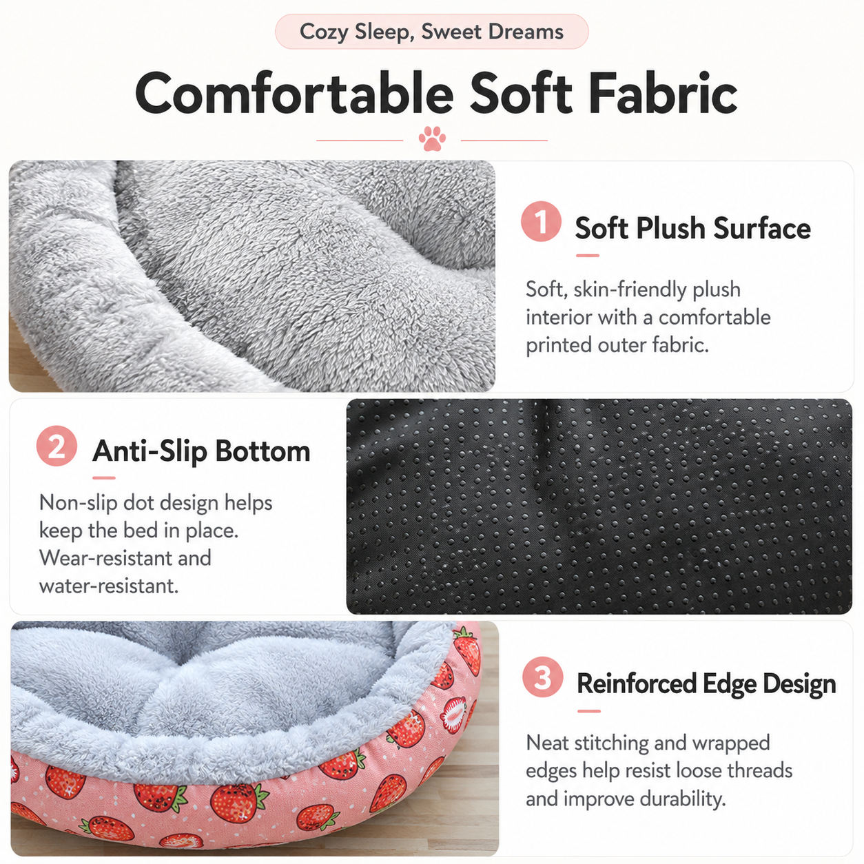 Round Pet Bed for Small Dogs and Cats, Soft Plush Calming Cat Bed with Strawberry Pattern, Cozy Washable Puppy Sleeping Mat, Non Slip Bottom Pet Cushion for Indoor Home Use(Diameter: 60cm)