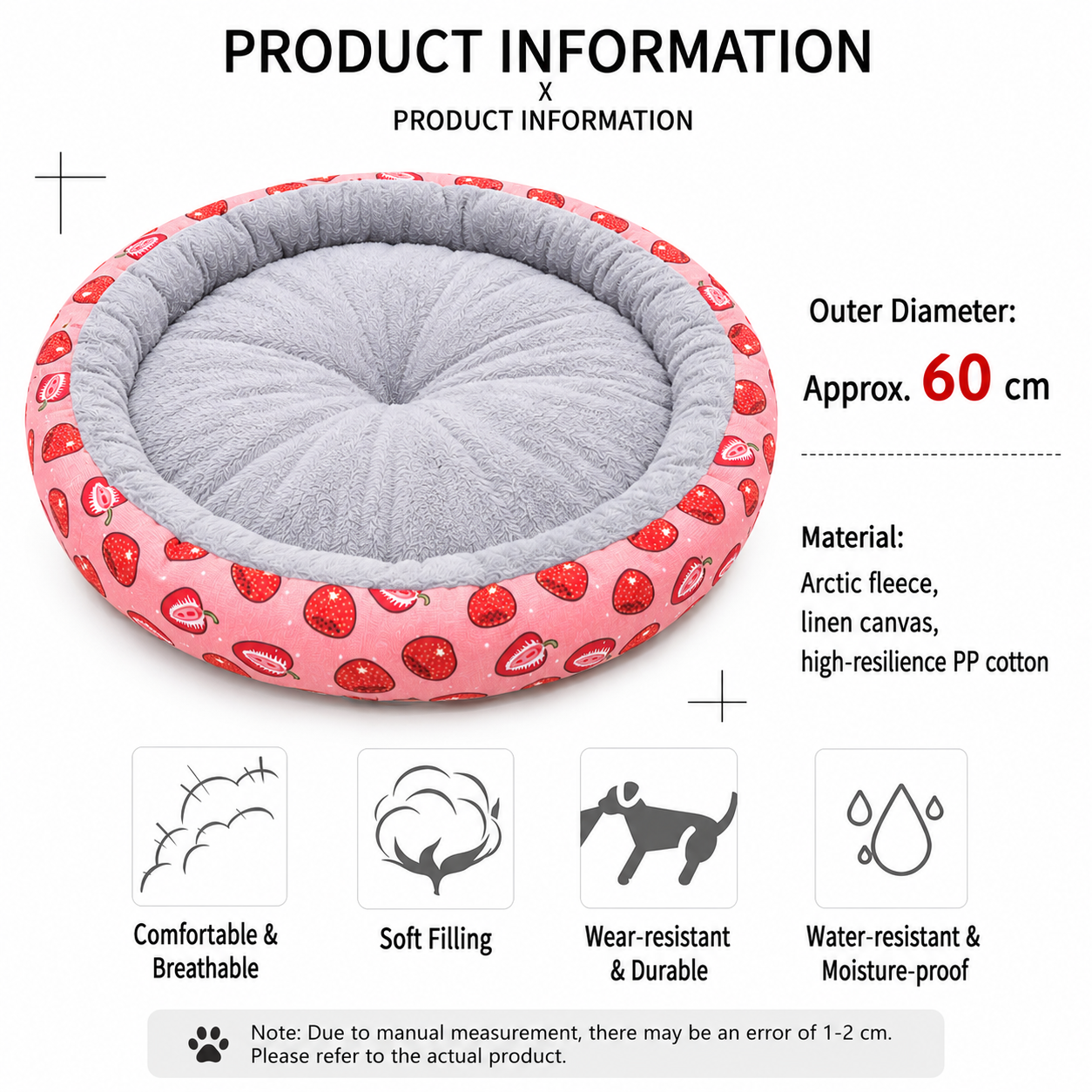 Round Pet Bed for Small Dogs and Cats, Soft Plush Calming Cat Bed with Strawberry Pattern, Cozy Washable Puppy Sleeping Mat, Non Slip Bottom Pet Cushion for Indoor Home Use(Diameter: 60cm)