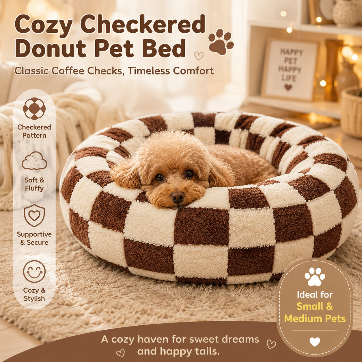 Small Medium Pet Donut Bed (Coffee plaid) -50cm outer diameter, Soft Plush Round Dog Bed and Cat Bed with Raised Rim, Cozy Calming Pet Sleeping Cushion, Checkered Washable Puppy Bed for Indoor Small Dogs Cats and Kittens